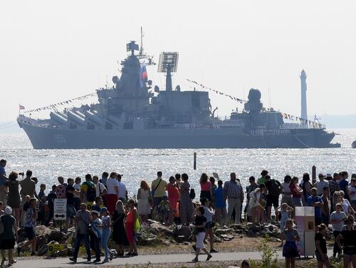 The Russian naval grouping is led by the Northern Fleet’s guided missile cruiser Marshal Ustinov. (Olga Maltseva/AFP via Getty Images)