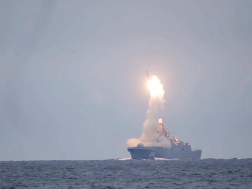 The Russian Zircon hypersonic cruise missile is launched from the Admiral Groshkov frigate on Oct. 7, 2020, in the White Sea. (Russian Defense Ministry Press Service via AP)
