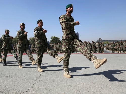 Newly graduated Afghan National Army march during their graduation ceremony after a three-month training program at the Afghan Military Academy in Kabul, Afghanistan, on Oct. 13, 2019. (Rahmat Gul/AP)