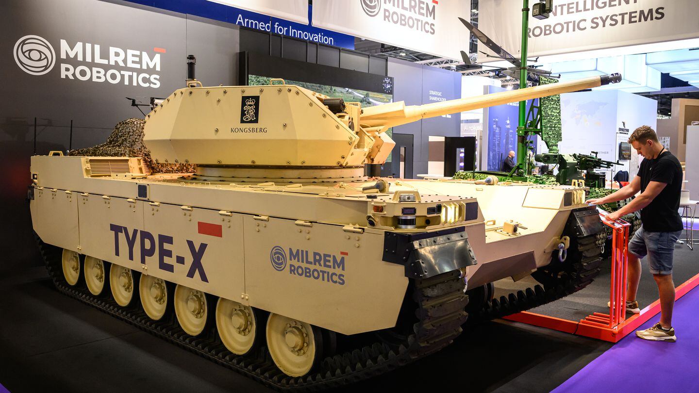 A Type-X RCV by Milrem Robotics is seen on Sept. 12, 2023, at the DSEI fair in London, England. (Leon Neal/Getty Images)