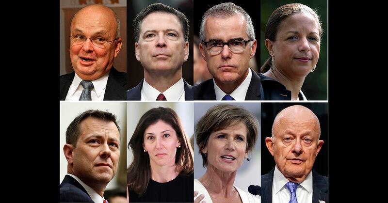 These file photos, top row from left are former CIA Director Michael Hayden, former FBI Director James Comey, former acting FBI director Andrew McCabe and former national security adviser Susan Rice. Bottom row from left are former FBI Deputy Assistant Director Peter Strzok, former Deputy Attorney General Sally Yates and former National Intelligence Director James Clapper. (AP Photo/Files)