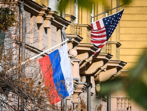 A Russian flag flies next to the US Embassy building in Moscow on Oct. 22, 2018. (Mladen Antonov/AFP via Getty Images)