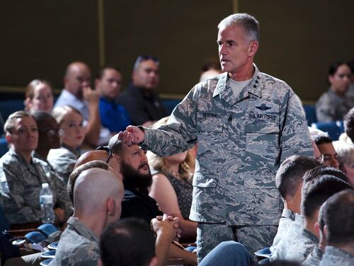 Air Force Academy superintendent Lt. Gen. Jay Silveria talks with airmen during an all call at Arnold Hall Theater Aug. 17. Silveria took command of the school Aug. 11. (Mike Kaplan/Air Force)