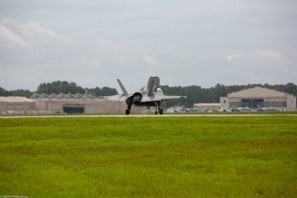 A USMC F-35B makes a vertical landing at MCAS Beaufort in South Carolina after a training flight.(Jeff Martin/Staff)
