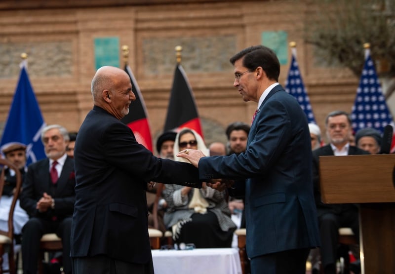 Defense Secretary Mark Esper, right, and Afghanistan President Ashraf Ghani shake hands at the U.S.-Afghanistan Joint Declaration Announcement at the Dilkusha Mansion Garden, Kabul, Afghanistan, Feb. 29, 2020. (Army Staff Sgt. Nicole Mejia/DoD)