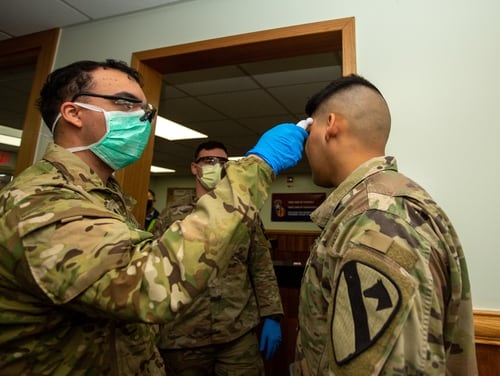 Soldiers stationed on Camp Casey submit to screening for coronavirus. (Sgt. Amber I. Smith/Army)