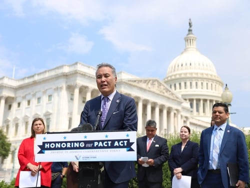 House Veterans' Affairs Chairman Mark Takano, D-Calif. (center), speaks during a press conference on new veterans toxic exposure legislation on May 26. (Photo courtesy of House Veterans' Affairs).