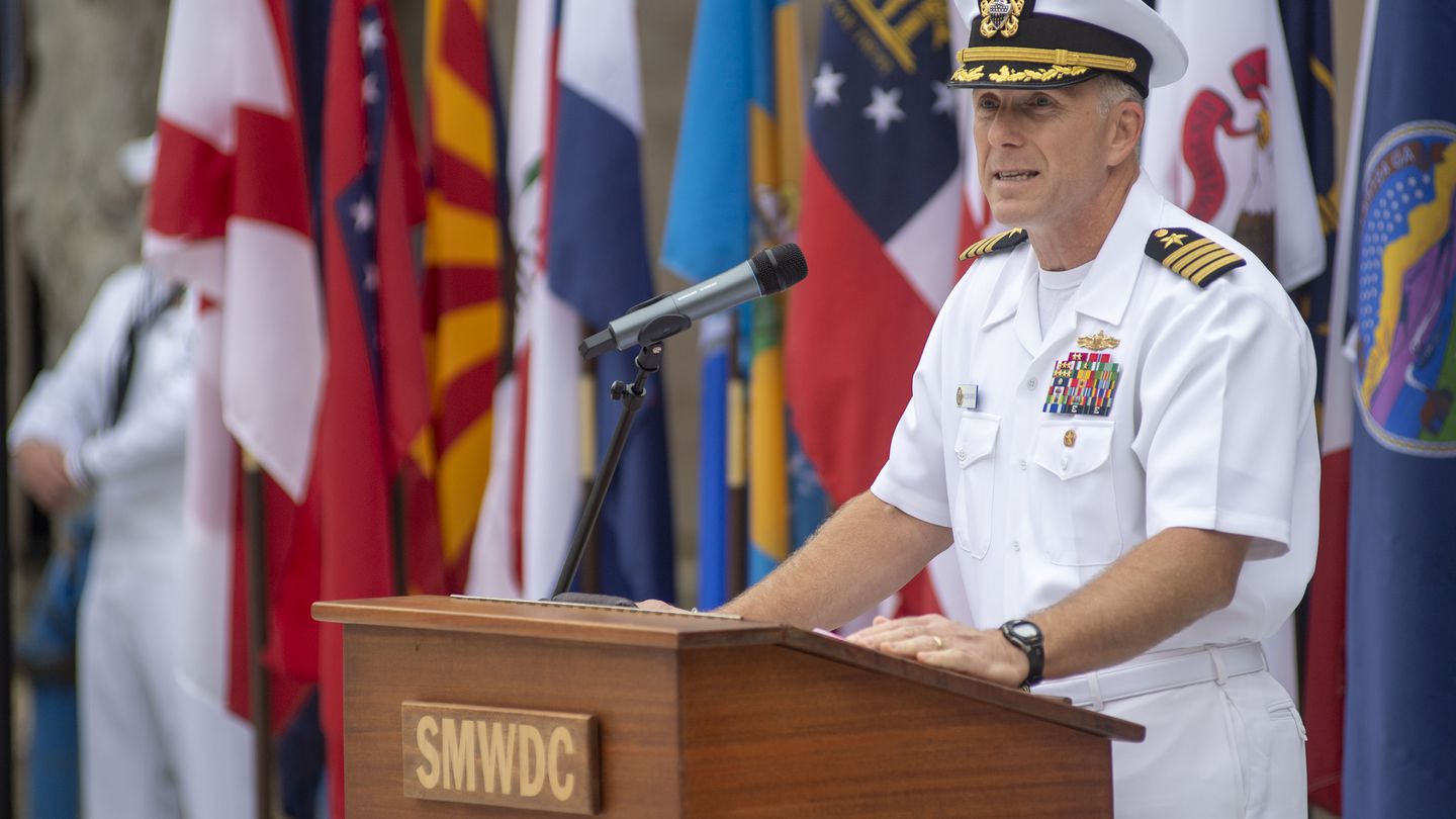 Then-Capt. Wilson Marks, the oncoming commanding officer of Naval Surface and Mine Warfighting Development Center (SMWDC), speaks during a change-of-command ceremony at the SMWDC headquarters onboard Naval Base San Diego on May 17, 2023. (MC2 Stevin Atkins/US Navy)