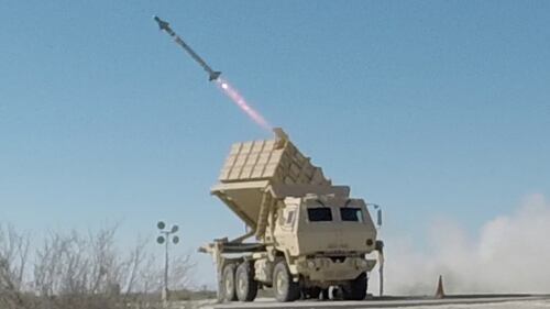 The Army's Indirect Fire Protection Capability Increment 2-Intercept Multi-Mission Launcher fires the AIM-9X missile at White Sands Missile Range, March 29, 2016. The MML project has been canceled as the Army pivots its strategy for an enduring IFPC capability. (John A. Hamilton/Army)