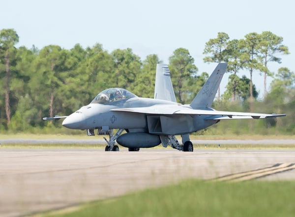 In this Sept. 12, 2018 photo, a Super Hornet from Naval Air Station Oceana taxis after landing at Naval Air Station Pensacola. (Gregg Pachkowski//Pensacola News Journal via AP)