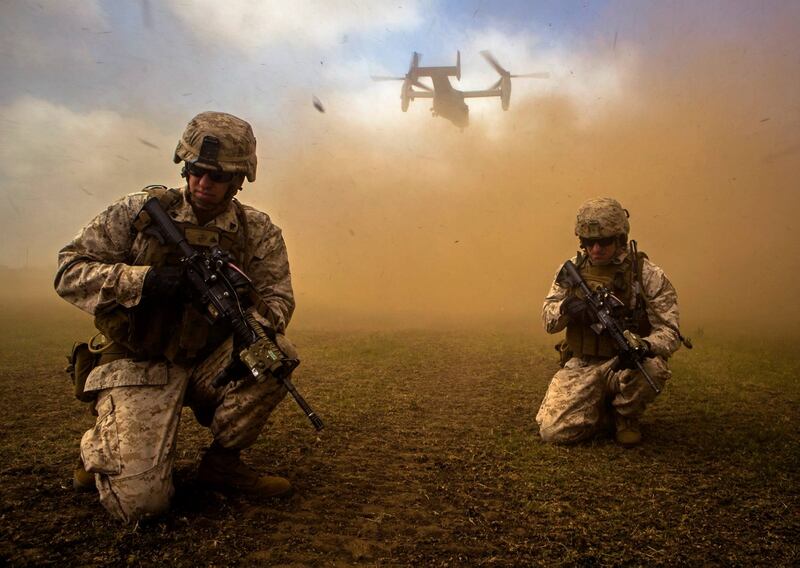 Marine MV-22B Ospreys from Special-Purpose Marine Air-Ground Task Force Crisis Response-Africa departed Mihail Kogălniceanu Air Base, Romania, with a platoon of Marines from the Black Sea Rotational Force to support a multilateral training exercise during Platinum Eagle 15, May 26, 2015.(Sgt. Paul Peterson/Released/Marine Corps)