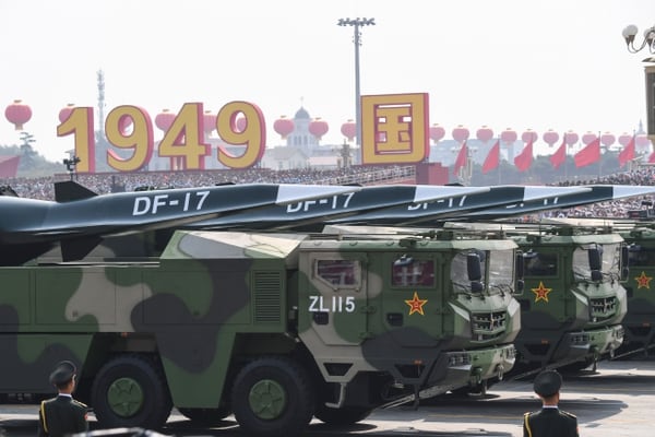DF-17 hypersonic glide vehicles are shown during a Chinese military parade. (Greg Baker/AFP via Getty Images)