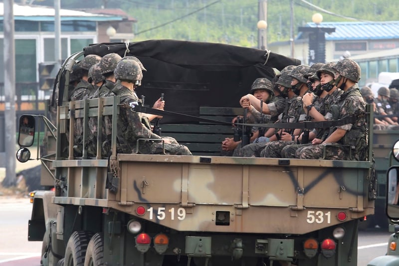 South Korean army soldiers ride on the back of a truck in Paju, near the border with North Korea, South Korea, Wednesday, June 17, 2020. (Ahn Young-joon/AP)
