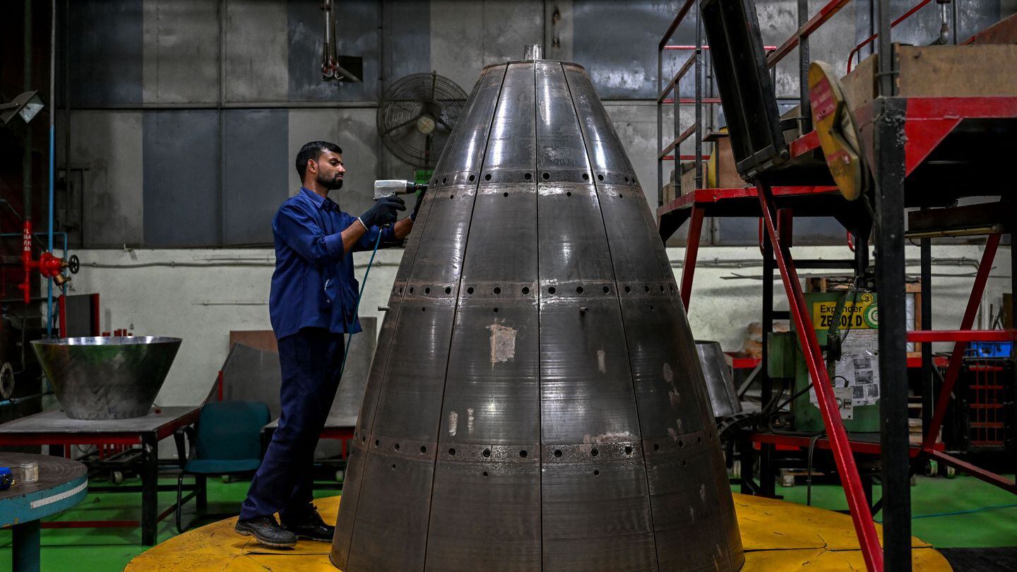 An engineer works on a component at a Godrej Aerospace manufacturing plant, which makes parts for the Vikas and cryogenic engines for the Indian Space Research Organisation, in Mumbai on July 10, 2023. (Punit Paranjpe/AFP via Getty Images)