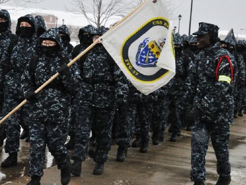 The Navy removed recruits from training after finding disqualifying information in their dependent medical records, according to their parents. Here, a recruit division commander offers motivation at Recruit Training Command in Great Lakes, Ill. (GSEC Seth Schaeffer/Navy)