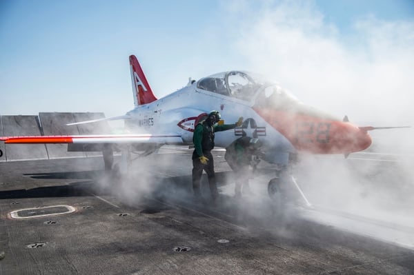 A T-45C Goshawk assigned to Carrier Training Wing 1 in early 2017 prepared to launch from the flight deck of the aircraft carrier Dwight D. Eisenhower while Ike was underway in the Atlantic Ocean. (Navy)