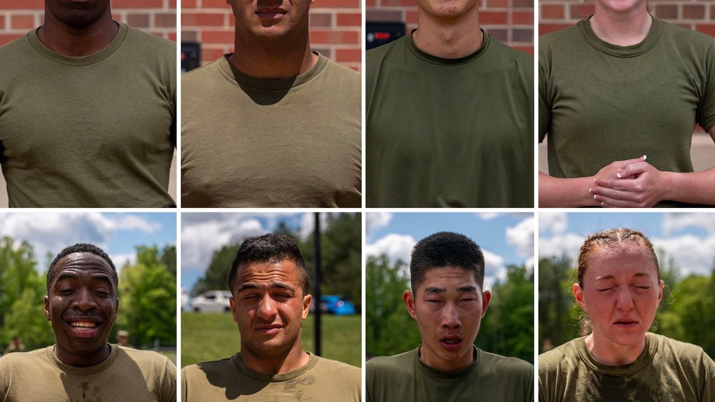 Marines in a before-and-after portrait series as part of their OC spray certification. (MSG)