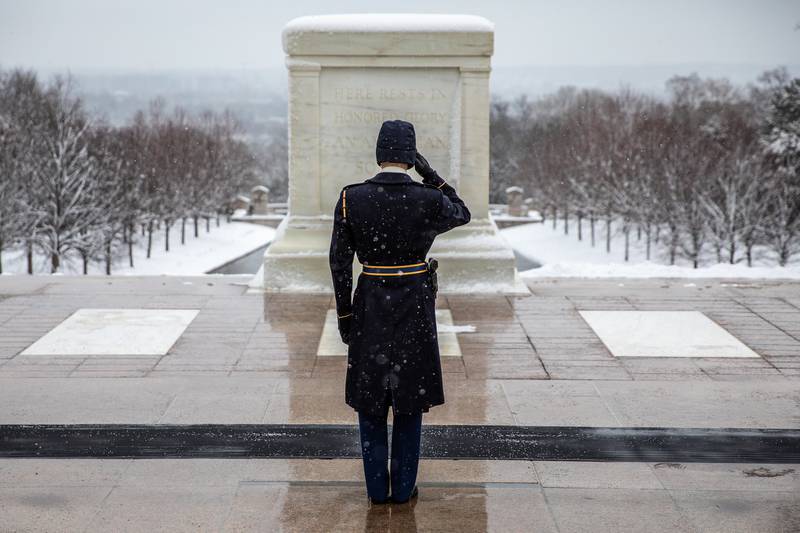 Soldiers assigned to the Tomb of the Unknown Soldier, Headquarters and Headquarters Co., 4th Battalion, 3d U.S. Infantry Regiment (The Old Guard) maintain their 83-year vigil at the Tomb of the Unknown Soldier, Arlington National Cemetery, Arlington, Va., Feb. 2, 2021.