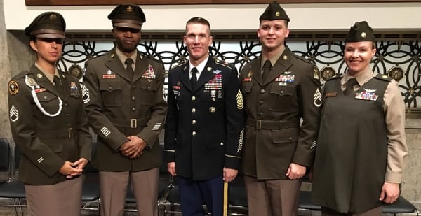 Sergeant Major of the Army Dan Dailey and four soldiers in Army Greens prototypes show off the uniforms Feb. 1, 2018, on Capitol Hill (U.S. Army)