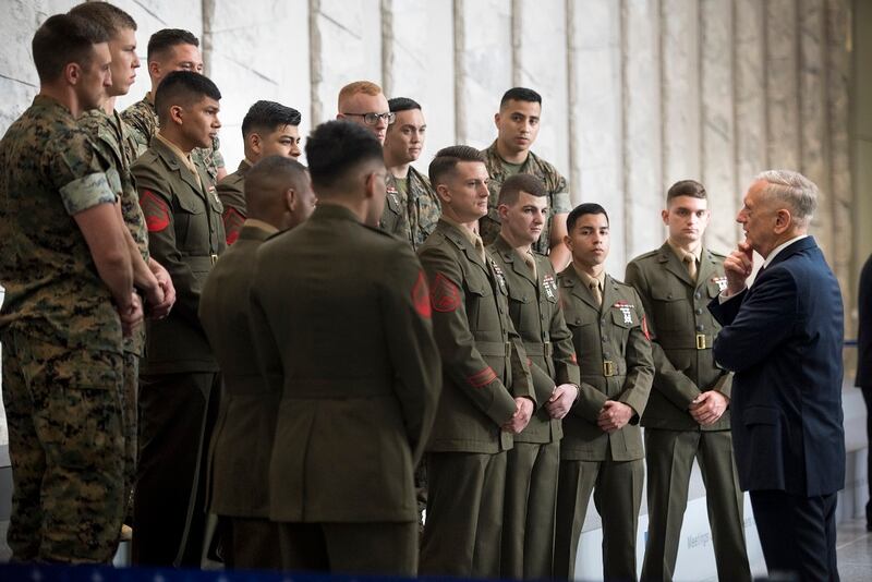 Secretary of Defense Jim Mattis speaks with Marines and key personnel at the new North Atlantic Treaty Organization building in Brussels on June 7, 2018. (Tech Sgt. Vernon Young Jr./DoD)
