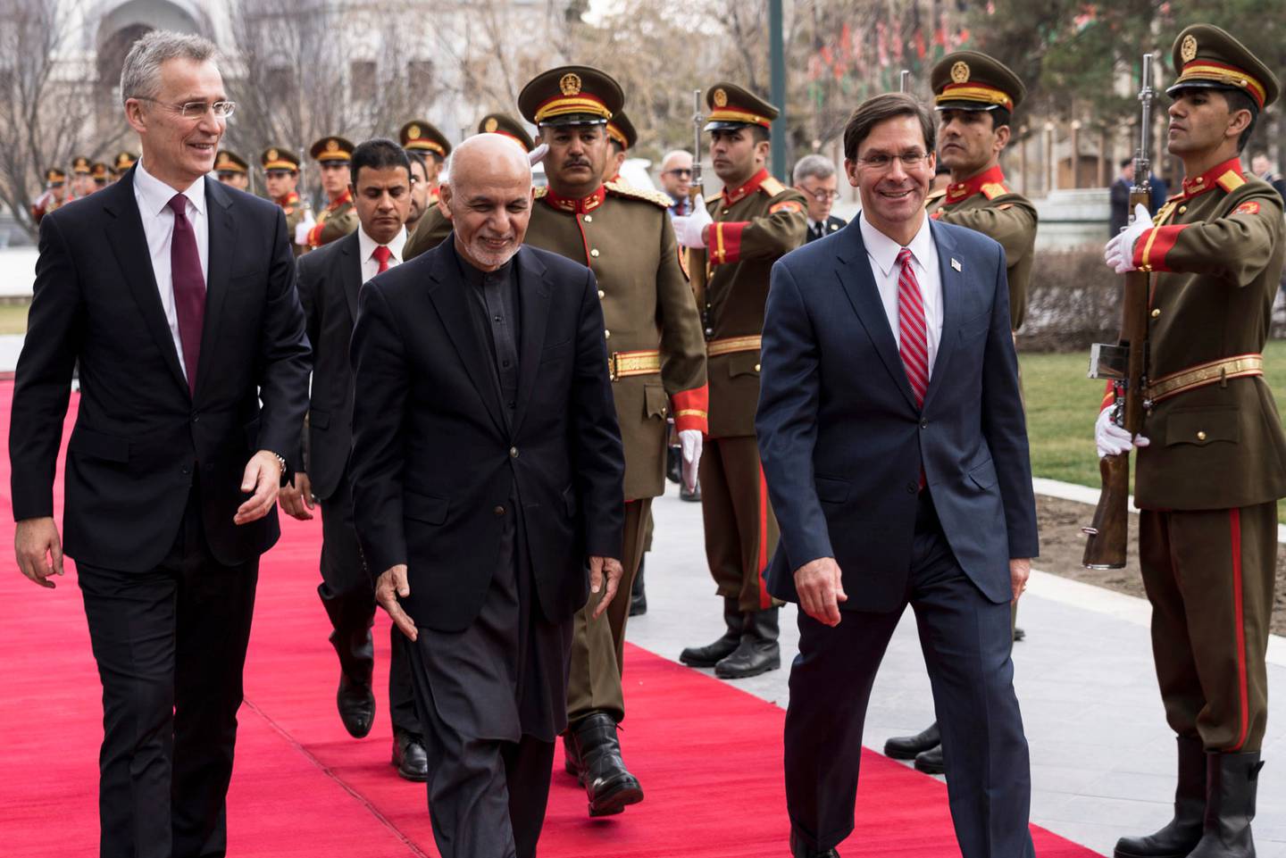 NATO Secretary General Jens Stoltenberg, Afghanistan President Ashraf Ghani and U.S. Secretary of Defense Mark Esper