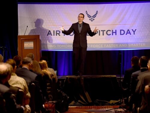 Dr. Will Roper, assistant secretary of the Air Force for acquisition, technology and logistics, speaks to a crowd of small businesses, venture capitalists and Airmen during the Inaugural Air Force Pitch Day in Manhattan, New York, March 7, 2019. (Tech Sgt. Anthony Nelson Jr./Air Force)