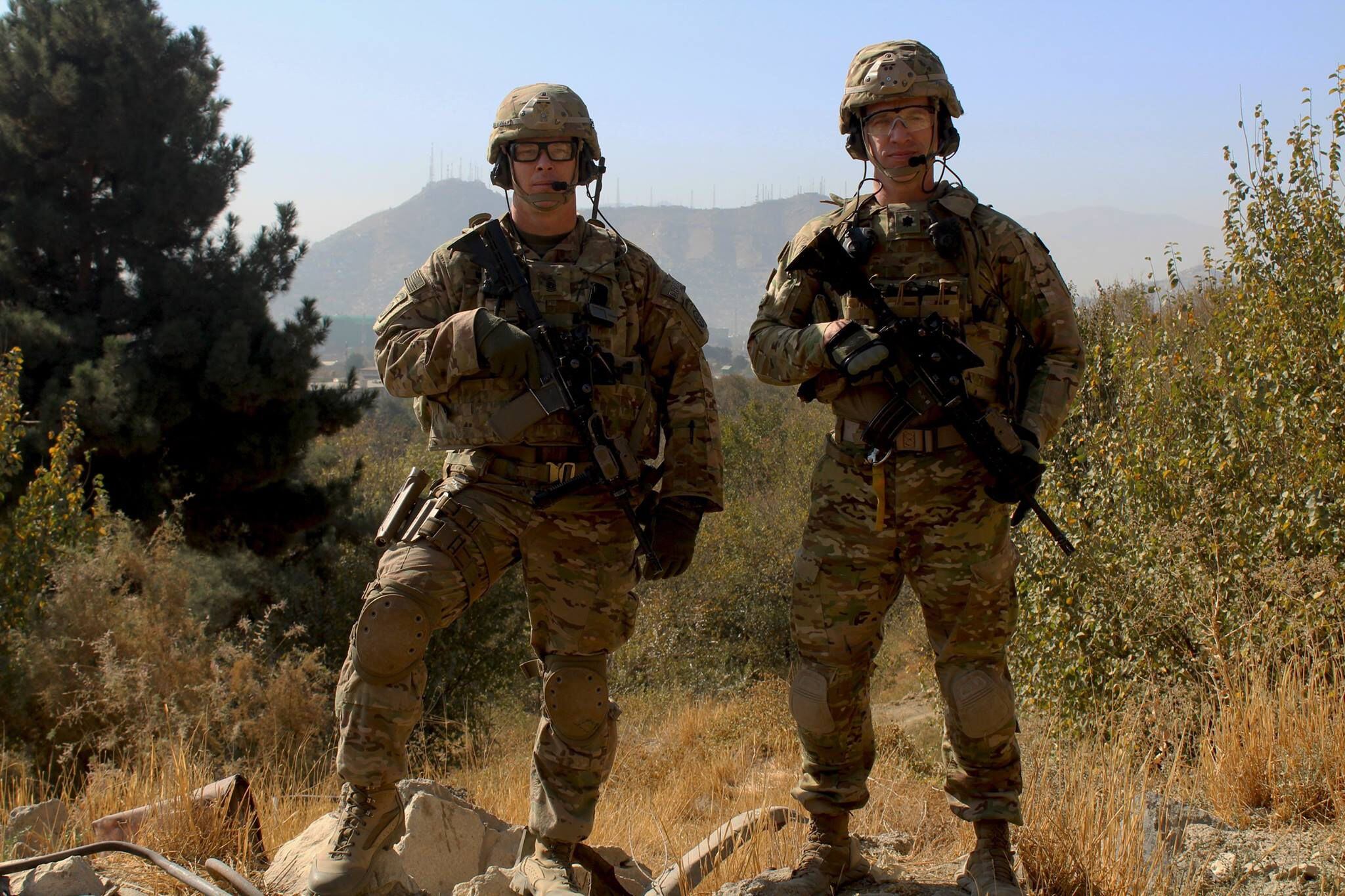 Former Command Sgt. Maj. Clinton Murray (left) during a 2017 deployment to Afghanistan. Murray was demoted to master sergeant after a jury convicted him of having an inappropriate relationship with a private first class during this deployment. (U.S. Army)