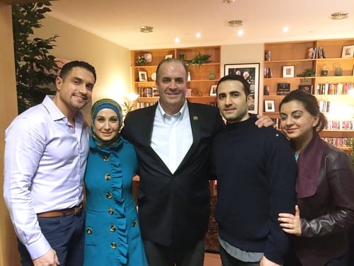 In a Monday, Jan. 18, 2016 photo provided by the Hekmati family, the family and U.S. Rep. Dan Kildee, D-Flint Township, Mich.,meet with former Iran prisoner Amir Hekmati, second from right, at Landstuhl Regional Medical Center in Landstuhl, Germany. From the left: brother-in-law Dr. Ramy Kurdi, sister Sarah Hekmati, Kildee, Amir Hekmati and sister Leila Hekmati. Amir Hekmati was detained in August 2011 on espionage charges. (Courtesy of the Hekmati Family via AP)