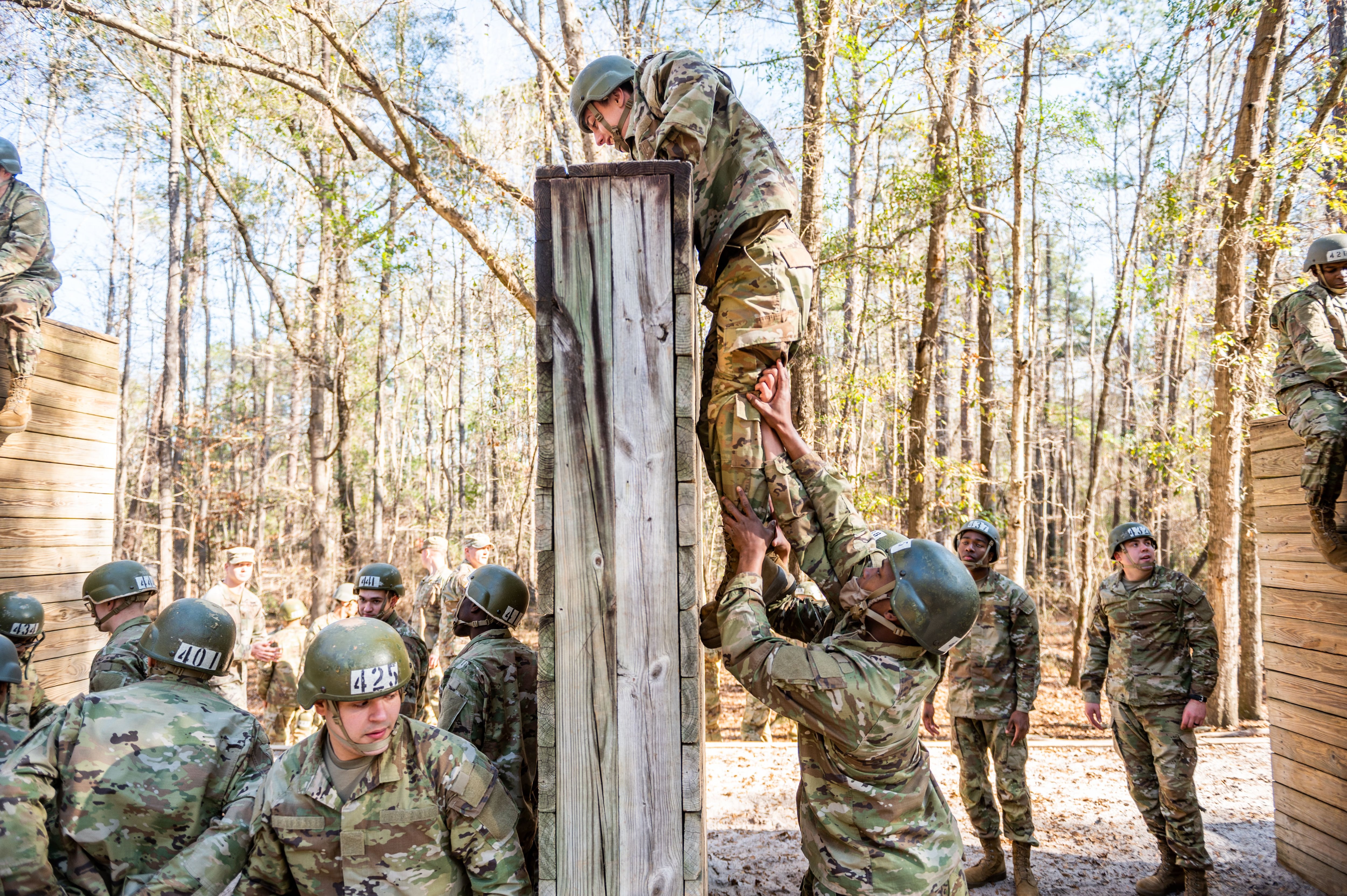 Trainees at Fort Benning, Georgia, complete the Sand Hill Obstacle Course Jan, 27, 2022. (Patrick A. Albright/Army)