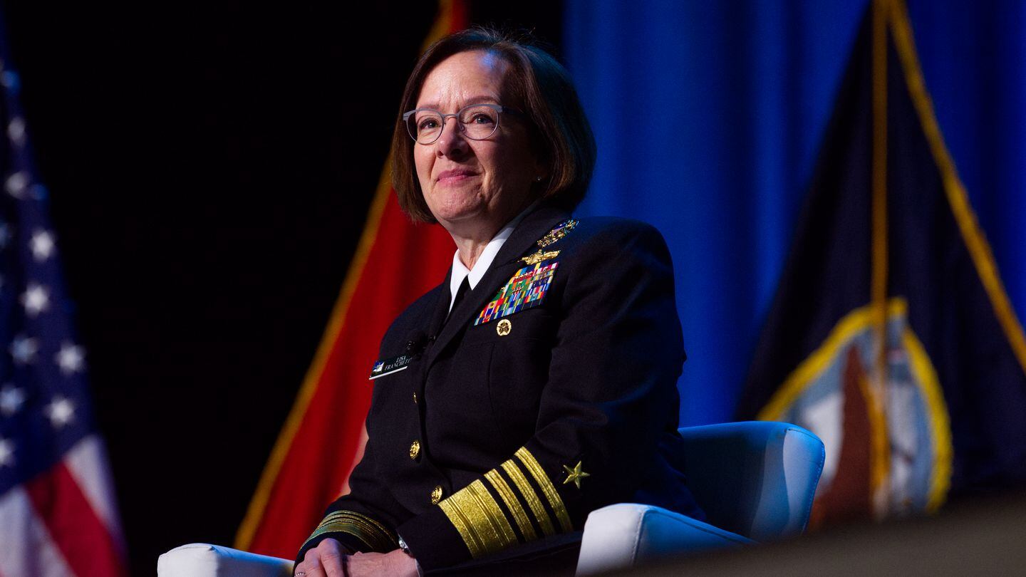 Chief of Naval Operations Adm. Lisa Franchetti scans the Sea-Air-Space crowd April 8, 2024. Franchetti succeeded Adm. Michael Gilday. (Colin Demarest/C4ISRNET)