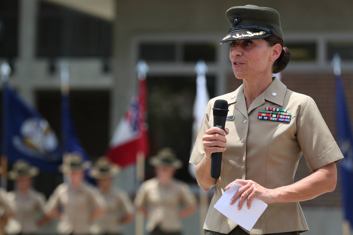 Marine Lt. Col. Kate Germano addresses the audience during the 4th Battalion relief and appointment ceremony at Marine Corps Recruit Depot Parris Island, South Carolina, in 2014.