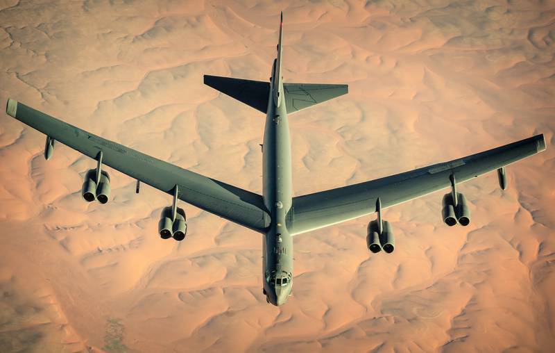 A U.S. Air Force B-52 Stratofortress departs after receiving fuel from a KC-135 Stratotanker during a multi-day Bomber Task Force mission over Southwest Asia, Dec. 10, 2020.