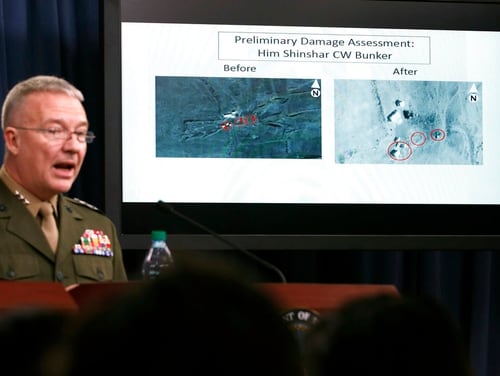 Marine Lt. Gen. Kenneth F. McKenzie Jr., director of the Joint Staff, speaks at the Pentagon April 14 about U.S.-led airstrikes against Syria. (Alex Brandon/AP)
