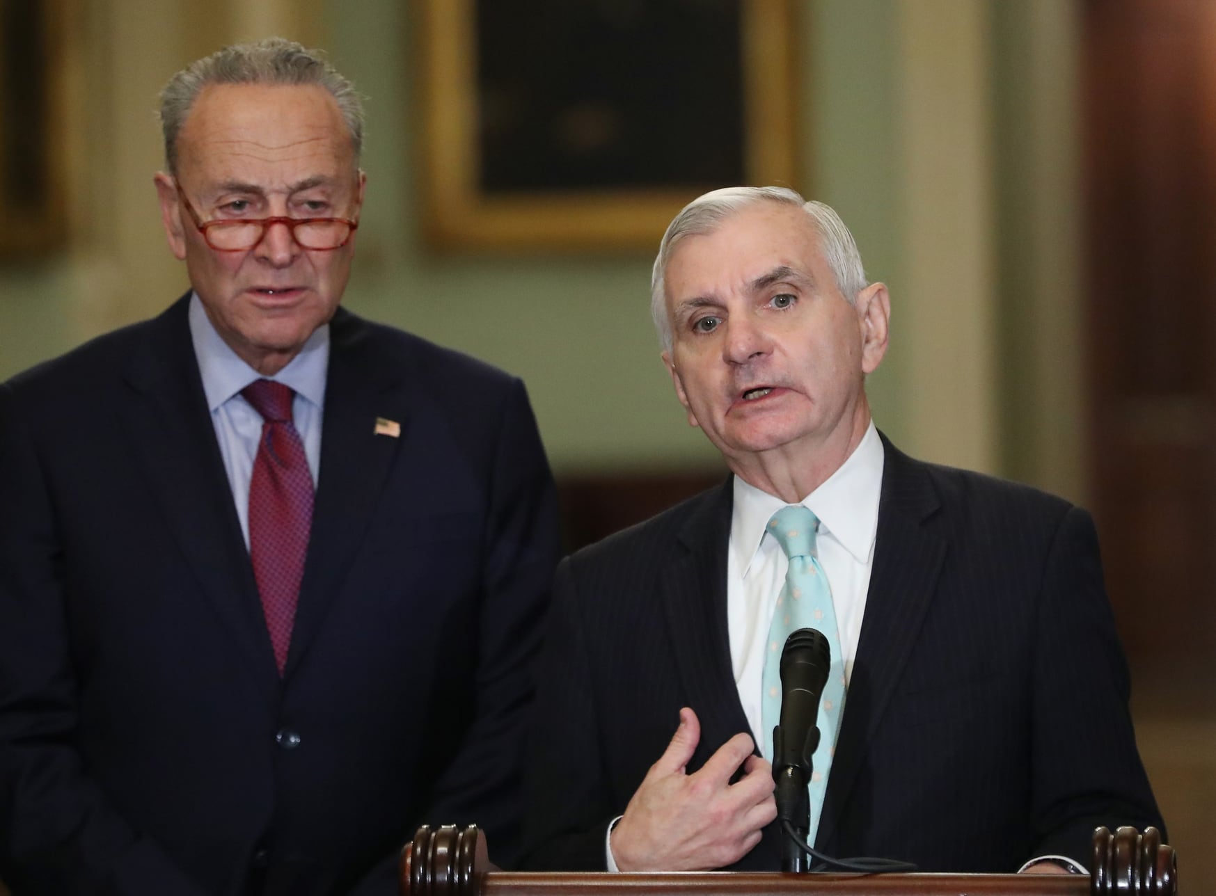 Sen. Jack Reed, D-R.I., right, and Senate Minority Leader Chuck Schumer, D-N.Y., speak to the media after attending the Democratic weekly policy luncheon on Capitol Hill on Oct. 22, 2019. Reed spoke about the situation in Syria. (Mark Wilson/Getty Images)