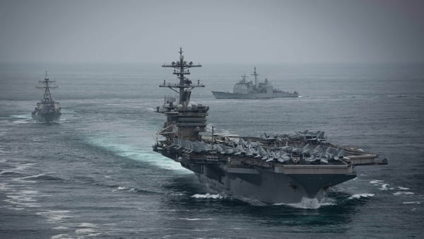 The aircraft carrier Theodore Roosevelt, destroyer Russell and cruiser Bunker Hill conduct routine operations in the eastern Pacific Ocean. (MC2 Anthony Rivera/U.S. Navy)