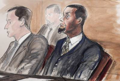 In this Feb. 24, 2016, courtroom file sketch, Tairod Nathan Webster Pugh, right, sits at the defense table.