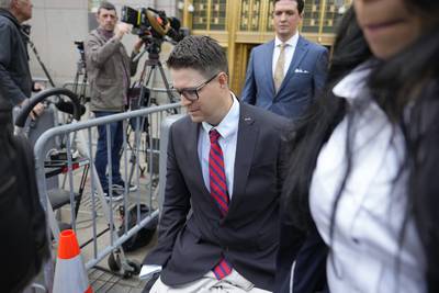 Brian Kolfage leaves court after being sentenced for defrauding donors to the "We Build the Wall" effort, Wednesday, April 26, 2023, in New York.