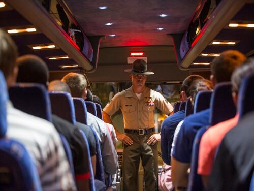Senior Drill Instructor Sgt. Jonathan M. Owens welcomes young men and women from across the country to Parris Island, South Carolina. (Pfc. Vanessa Austin/Marine Corps)