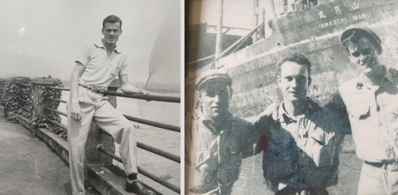 (Right) Kelly poses in front of a Japanese troop carrier ship in the Pacific. (Photo courtesy of Rose Etherington)