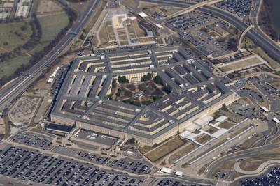 The Pentagon is seen from Air Force One as it flies over Washington, March 2, 2022.