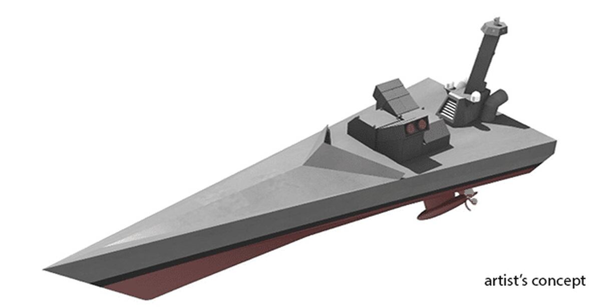 A Defense Advanced Research Projects Agency artists' rendering of a ship designed to operate completely without human intervention.