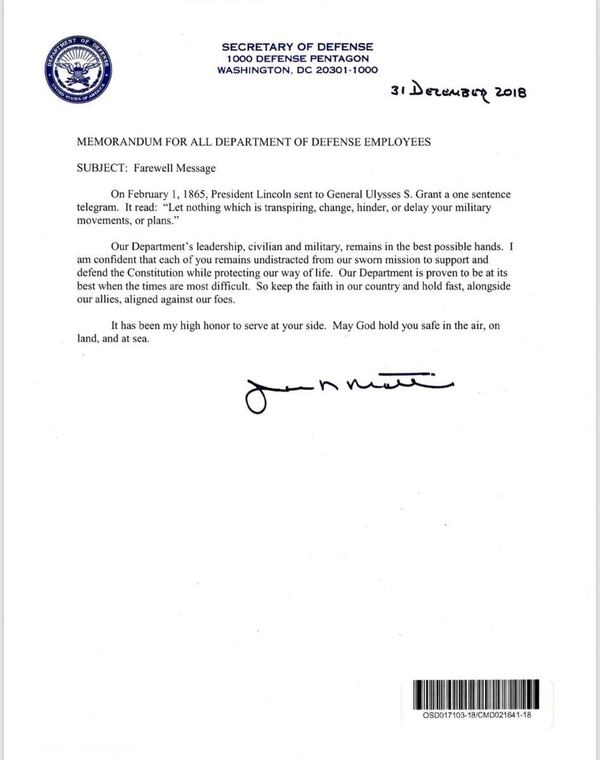 Here’s what Jim Mattis had to say in his farewell message to troops