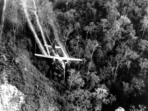 In this May 1966 file photo, a U.S. Air Force C-123 flies low along a South Vietnamese highway spraying defoliants on dense jungle growth beside the road to eliminate ambush sites for the Viet Cong during the Vietnam War. (Department of Defense)