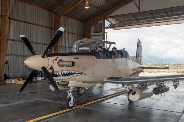 An AT-6 experimental aircraft is prepared for takeoff from Holloman Air Force Base. The AT-6 is participating in the Air Force's Light Attack Experiment, a series of trials to determine the feasibility of using light aircraft in attack roles. (Ethan D. Wagner/Air Force)