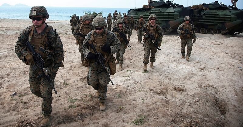 U.S. Marines join in an ongoing U.S.-Thai joint Cobra Gold U.S.-Thai joint military exercise on Hat Yao beach in Chonburi province, eastern Thailand, Saturday, Feb. 17, 2018. Approximately 11,000 military personnel from the U.S., Thailand, and South Korea are taking part in the annual drill. (Sakchai Lalit/AP)