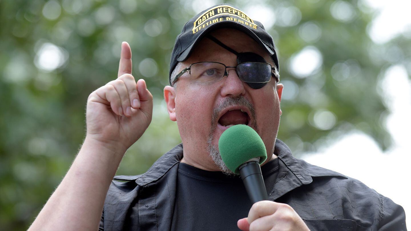 Stewart Rhodes, founder of the Oath Keepers, speaks during a rally outside the White House in Washington. (Susan Walsh/AP)