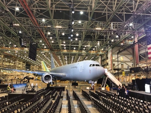 A KC-46 is displayed on Jan. 24 at Boeing's production facility in Everett, Wash., ahead of a ceremony marking the first KC-46 delivery. (Valerie Insinna/Staff)
