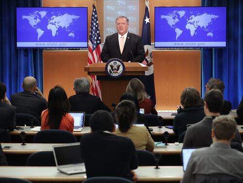U.S. Secretary of State Mike Pompeo holds a news conference to talk about the dire economic and political situation in Venezuela at the Harry S. Truman State Department headquarters March 11, 2019 in Washington. (Chip Somodevilla/Getty Images)