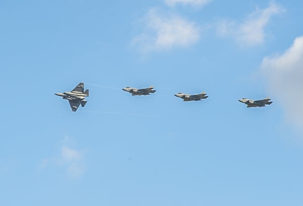 The first four Navy F-35C Joint Strike Fighter aircraft arrive in Naval Air Station, Lemoore, California. The Navy has now begun to use those aircraft to train the first operational squadron, Strike Fighter Squadron 147 that is expected to be operational later this calendar year. (Navy)