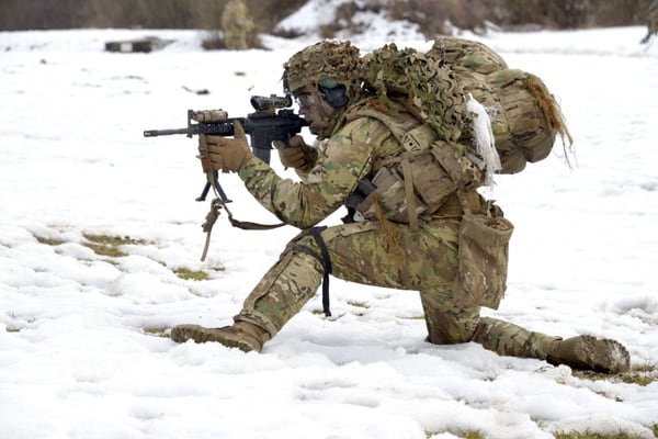 A U.S. Army Paratrooper, assigned to 2nd Battalion, 503rd Infantry Regiment, 173rd Airborne Brigade engages targets during a live fire exercise at Grafenwoehr Training Area, Germany, Feb. 6, 2017. The 173rd Airborne Brigade is the U.S. Army's Contingency Response Force in Europe, providing rapid forces to the United States European, Africa and Central Commands areas of responsibilities. (U.S. Army photo by Visual Information Specialist Gerhard Seuffert)